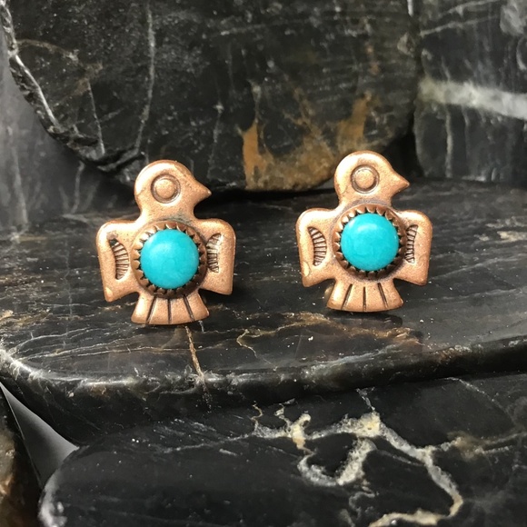 Vintage Copper Turquoise Earrings Thunderbird Southwest Style Pierced - Picture 2 of 12